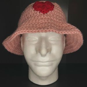 Pink Heart Crochet Bucket Hat - Handmade - Unisex